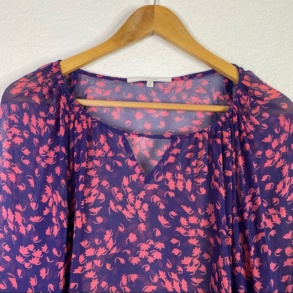 Wendy Katlen Blue Pink Floral Silk Sheer Blouse - Picture 6 of 12